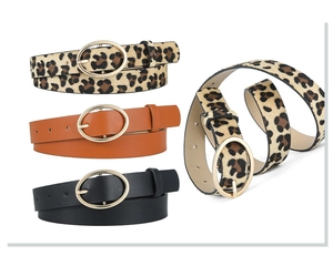 Leopard print and solid PU leather belts with golden oval buckles in multiple colors