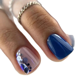 Navy blue and silver glitter press-on nails set with glossy finish on fingers