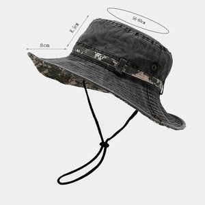 British retro washed grey bucket hat with camo strap, windproof cord and 8cm wide brim
