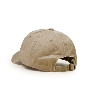 Detailed side-back view of khaki washed cotton baseball cap with adjustable metal buckle