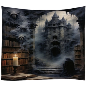 Detail of gothic tapestry featuring old castle library and eerie dark fantasy elements