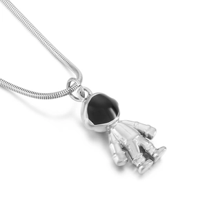Silver titanium steel astronaut pendant necklace with black visor on a snake chain