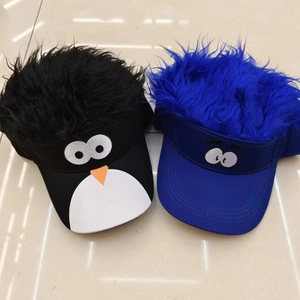 Detailed view of the creative wig baseball cap with cartoon eye embroidery and faux hair