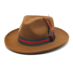 Brown wool felt fedora with green-red stripe ribbon and decorative feathers detail