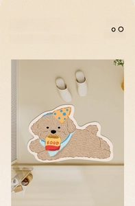 Close-up of thickened absorbent bath mat with cute brown dog shape and dot hat