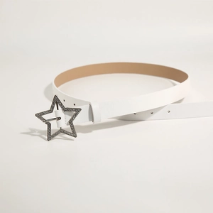 Close-up of a white Y2K belt featuring a silver star buckle with sparkling rhinestones