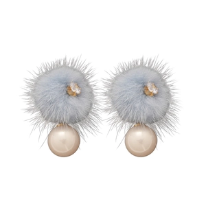Elegant 18K gold plated earrings featuring blue fur balls and pearls for women