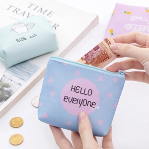 Macaron pastel PU leather mini coin pouches with cute cartoon cat and zipper closure
