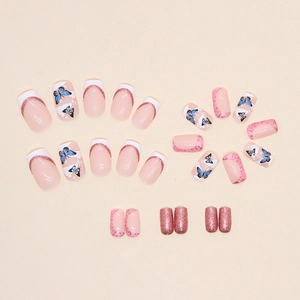 Pink and blue press-on nails with butterfly patterns and glitter finish in square shape