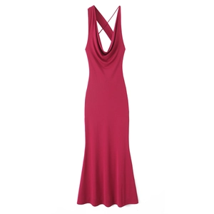 Elegante Abito Lungo Con Scollo A Cappuccio In Raso Da Donna Tinta Unita Schiena Incrociata Senza Maniche Silhouette Sirena