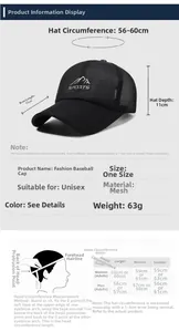 Detailed size chart for breathable mesh baseball cap with measurements and head guide