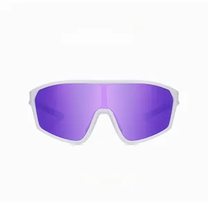 Close-up of white sports sunglasses with purple mirrored lenses for outdoor cycling