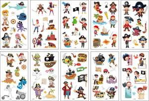 Detailed set of 10 pirate theme temporary tattoos including ships, treasure and parrots