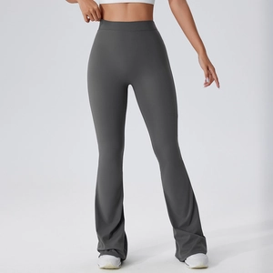 Pantalon de yoga évasé gris foncé à taille haute en tissu élastique pour fitness et sport