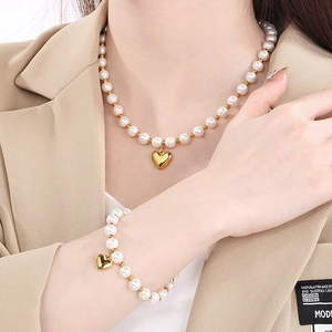 Heart Pendant Shell Artificial Pearl Stainless Steel Necklace And Bracelet Jewelry For Women Elegant Sweet Accessory