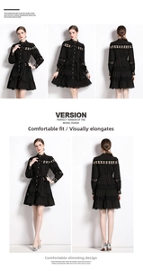 Detail of black court style dress with lace cut-outs and elegant high waist tie
