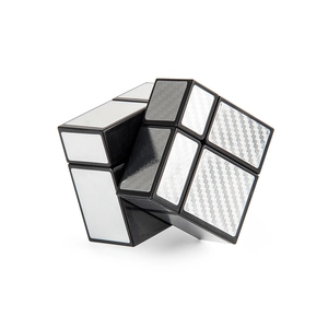 Scrambled 2x2 silver mirror cube puzzle toy with brushed metallic finish on white background