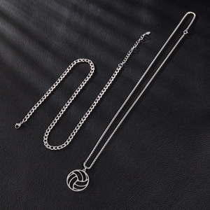 Ensemble collier et bracelet en acier inoxydable argenté avec pendentif volleyball évidé