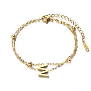 Golden double-layer stainless steel chain bracelet with M letter pendant and small beads