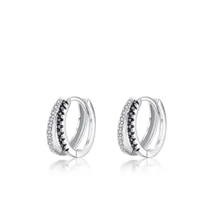 Boucles d'oreilles créoles S925 en argent avec pavé de zircons noirs et blancs double rang