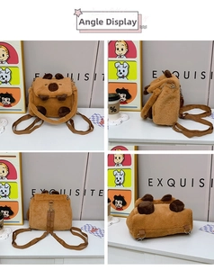 Detail view showing four angles of a cute plush Capybara backpack with adjustable straps
