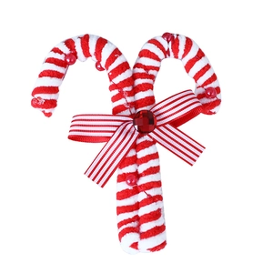 Christmas candy cane foam ornament with red white plush texture and bow decoration