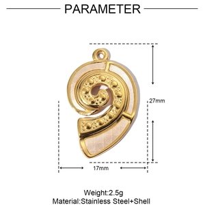 Detail view of a shell pendant with gold stainless steel edges showing 27x17mm dimensions