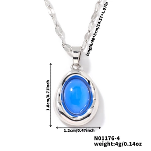 Detail view of blue oval gemstone necklace with dimensions and weight specifications