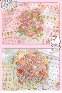 Detail showing extra large Ming Town series stickers with fantasy castle and street scenes