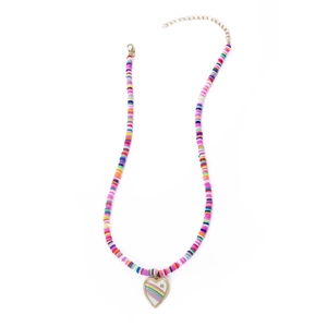 Bohemian colorful clay bead necklace with gold-framed rainbow heart and smiley face pendant