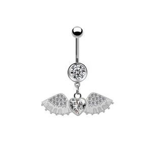 Detailed close-up of a silver belly button ring featuring heart and wing crystal pendants