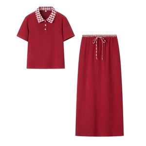 Flat lay of a red two-piece set with plaid polo collar top and drawstring maxi skirt