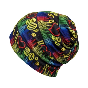 Retro I Love 80s knitted beanie hat with colorful rainbow equalizer print on black fabric