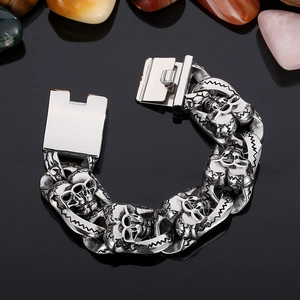 Bracelet rétro en acier inoxydable pour homme avec maillons doubles têtes de mort et fermoir