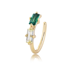 S925 sterling silver ear cuff with vertical emerald-cut green and yellow zircon stones