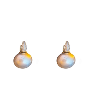 Elegant gold earrings with sparkling zircon inlay and large iridescent pearl pendants