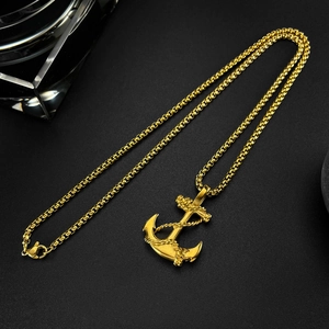 Vintage golden anchor pendant necklace with box chain for men in stainless steel finish