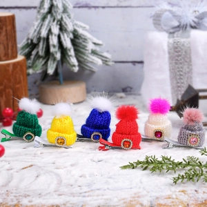 Mini Christmas knitted hat hair clips with pom-poms and rhinestones in various colors
