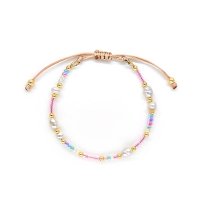 Bohemian colorful beads and natural freshwater pearl bracelet with adjustable cord