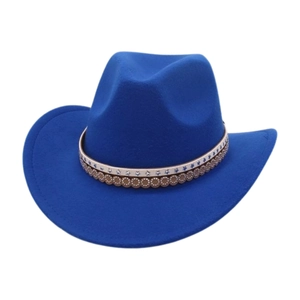 Detail of royal blue fedora hat with white star pattern and beaded leather band