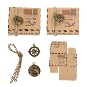 Vintage air mail style kraft candy box set with hemp rope and metallic compass charms