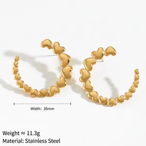 Poliierte goldene Edelstahl Herzform C-Ohrringe für Damen mit 35mm Breite