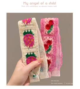 Detailed hand-crochet fruit pattern headbands with strawberry and cherry knit textures