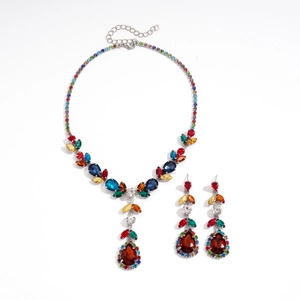 Luxury zircon necklace and leaf teardrop earrings set with vibrant multicolor gemstones
