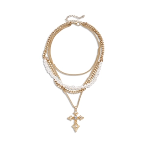Vintage multilayered faux pearl necklace with rhinestone cross pendant and gold chains