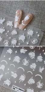 Autocollants 5D en relief pour ongles avec roses blanches, papillons et chaînes de perles