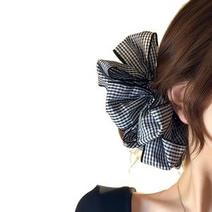 Classic black and white gingham checkered oversized bow hair tie for women styling