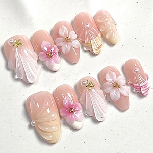 Handmade Press On Nails With 3D Flowers Artificial Pearl Shell Starfish Decor French Gradient Almond Artificial Fake Nails