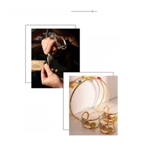 Detail view of 18K gold plated hoop earrings with colorful oval stones and craftsmanship