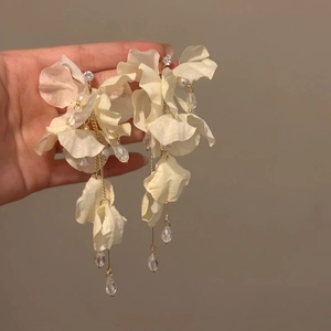Long white fabric flower tassel earrings with elegant crystal drops for beach vacations